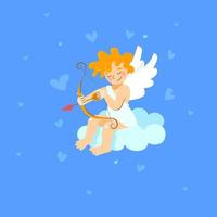 Cupido nel un' bianca toga si siede su un' nube e obiettivi un freccia con un' cuore a partire dal un' arco. vettore