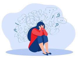 la donna soffre di pensieri ossessivi mal di testa problemi irrisolti traumi psicologici depressione. stress mentale panico mente disturbo illustrazione piatto vettore illustrazione.