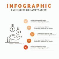 monete. mano. moneta. pagamento. i soldi infografica modello per sito web e presentazione. linea grigio icona con arancia Infografica stile vettore illustrazione