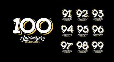 anniversario logotipo impostato 91, 92, 93, 94, 95, 96, 97, 98, 99, 100 vettore