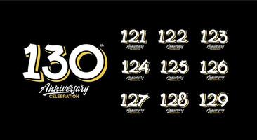 anniversario logotipo impostato 121, 122, 123, 124, 125, 126, 127, 128, 129, 130 vettore