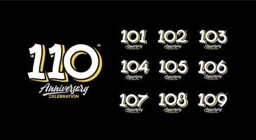 anniversario logotipo impostato 101, 102, 103, 104, 105, 106, 107, 108, 109, 110 vettore