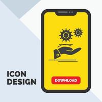 soluzione. mano. idea. Ingranaggio. Servizi glifo icona nel mobile per Scarica pagina. giallo sfondo vettore