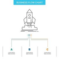 lancio. avviare. nave. navetta. missione attività commerciale flusso grafico design con 3 passi. linea icona per presentazione sfondo modello posto per testo vettore