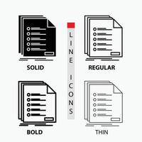 dai un'occhiata. deposito. elenco. elenco. registrazione icona nel sottile. regolare. grassetto linea e glifo stile. vettore illustrazione
