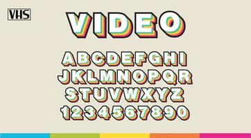 anni 90 vhs alfabeto, arcobaleno colori sans serif lettere e numeri. analogico retrò font. vettore