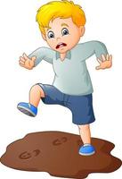 cartone animato triste ragazzo con un' fango pozzanghera vettore