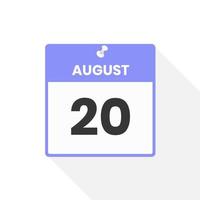 agosto 20 calendario icona. Data, mese calendario icona vettore illustrazione