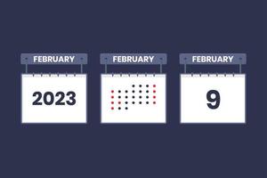 2023 calendario design febbraio 9 icona. 9 ° febbraio calendario orario, appuntamento, importante Data concetto. vettore