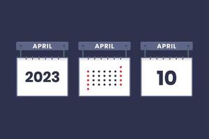 2023 calendario design aprile 10 icona. 10 ° aprile calendario orario, appuntamento, importante Data concetto. vettore