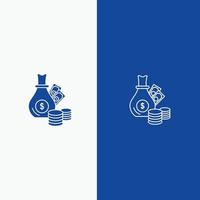 i soldi banca attività commerciale monete oro linea e glifo solido icona blu bandiera linea e glifo solido icona blu vettore