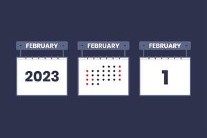 2023 calendario design febbraio 1 icona. 1 ° febbraio calendario orario, appuntamento, importante Data concetto. vettore