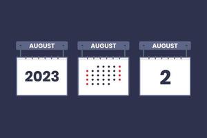 2023 calendario design agosto 2 icona. 2 ° agosto calendario orario, appuntamento, importante Data concetto. vettore