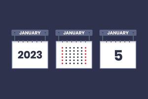 2023 calendario design gennaio 5 icona. 5 ° gennaio calendario orario, appuntamento, importante Data concetto. vettore
