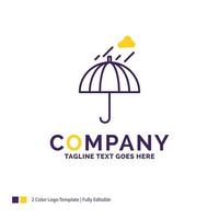 azienda nome logo design per ombrello. campeggio. pioggia. sicurezza. tempo atmosferico. viola e giallo marca nome design con posto per slogan. creativo logo modello per piccolo e grande attività commerciale. vettore