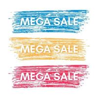mega vendita striscione. impostato di tre vendita banner su il colorato dipinto macchie. vettore illustrazione