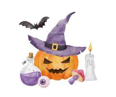 Halloween composizione per carta. zucca, pipistrello, strega cappello e occhio. luminosa acquerello illustrazione isolato su bianca vettore