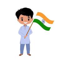 indiano ragazzo nel nazionale costume Tenere il bandiera di India. piatto vettore illustrazione nel moderno stile.
