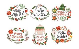 allegro Natale con ghirlanda Ciao inverno lettering isolato piatto design vettore