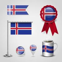 Islanda nazione bandiera posto su carta geografica spillo. acciaio polo e nastro distintivo bandiera vettore