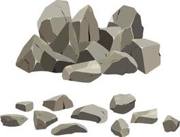 collezione di pietre di vario forme e cespugli.costiera ciottoli, ciottoli, ghiaia, minerali e geologica formazioni.roccia frammenti, massi e edificio Materiale. vettore