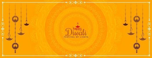 contento Diwali Festival giallo bandiera con sospeso lampade design vettore