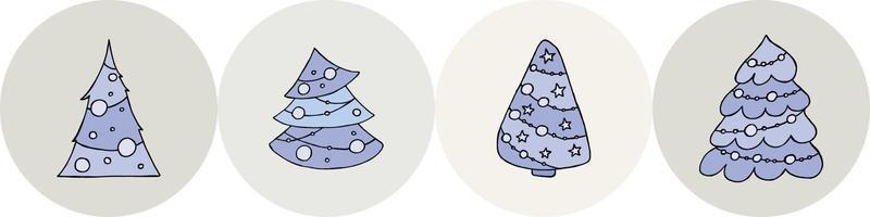 un albero di natale disegnato a mano. illustrazione vettoriale in stile doodle. umore invernale. ciao 2023. buon natale e felice anno nuovo. alberi blu con giocattoli su sfondo blu.