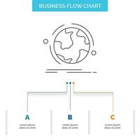 globo. mondo. scoprire. connessione. Rete attività commerciale flusso grafico design con 3 passi. linea icona per presentazione sfondo modello posto per testo vettore