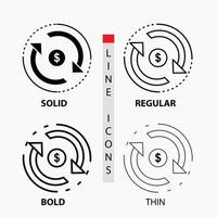 circolazione. finanza. fluire. mercato. i soldi icona nel sottile. regolare. grassetto linea e glifo stile. vettore illustrazione