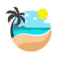 palma albero con sabbia spiaggia di il oceano su un' soleggiato giorno. freddo estate logo. vettore azione illustrazione.