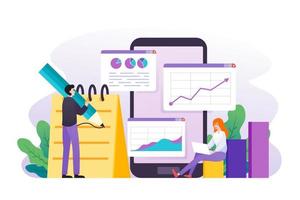 dati analisi, SEO analisi, grande dati ricerca, sito web analitica concetto per sito web e mobile sito web con attività commerciale le persone, grafici e grafici illustrazione vettore