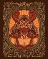 illustrazione demone ragazza con cranio antico incisione stile Perfetto per maglietta, felpa, giacca, manifesto vettore