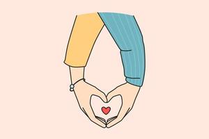 coppia Tenere mani mostrare cuore cartello con dita. uomo e donna dimostrare amore simbolo sentire amore e affetto. relazione concetto. vettore illustrazione.