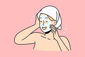 contento giovane donna nel asciugamano su testa e facciale maschera godere bellezza procedura. sorridente ragazza avere viso cura della pelle routine a casa su terme giorno. vettore illustrazione.