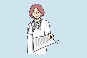 sorridente femmina medico nel medico uniforme dare lavoro d'ufficio a partire dal Ospedale. contento donna infermiera o gp allungare mano con documento o lettera. vettore illustrazione.