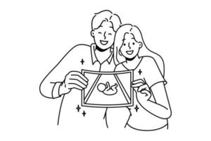 contento coppia mostrando immagine di embrione. sorridente uomo e donna dimostrare ultrasuono di bambino eccitato con gravidanza e genitorialità. vettore illustrazione.