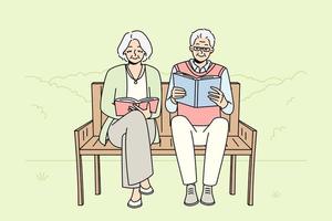 gioioso maturo coppia sedersi su panchina nel imballare lettura libri. sorridente vecchio uomo e donna rilassare al di fuori godere letteratura. contento scadenza e passatempo. vettore illustrazione.