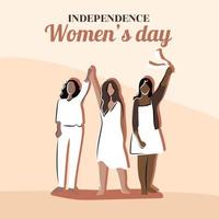 indipendenza donna S giorno. donne hold mani. ragazze nel bianca Abiti. saluto carta, manifesto, bandiera nel piatto stile. vettore