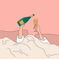 mani scrosciante Champagne in un' bicchiere nel letto. vettore. mattina celebrazione vettore