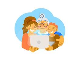 contento nonna con nipoti guardare a il computer portatile vettore