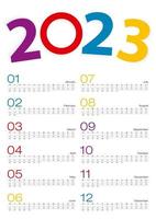 calendario 2023, tutti mese, 2 settimane linea. vettore