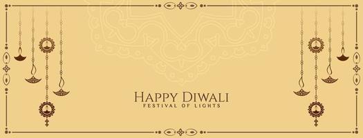 contento Diwali Festival bandiera con bellissimo sospeso lampade design vettore