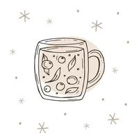 tazza di bacca tè con un' i fiocchi di neve su un' bianca e Marrone sfondo. vettore illustrazione nel scarabocchio stile. inverno umore. Ciao 2023. allegro Natale e contento nuovo anno.