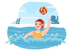 acqua polo sport giocatore giocando per gettare il palla su il avversari obbiettivo nel il nuoto piscina nel piatto cartone animato mano disegnato modelli illustrazione vettore