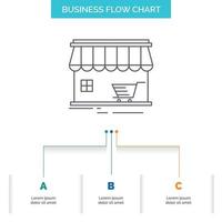 negozio. negozio. mercato. costruzione. shopping attività commerciale flusso grafico design con 3 passi. linea icona per presentazione sfondo modello posto per testo vettore
