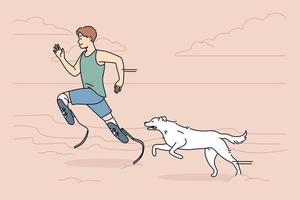 atleta con protesi in esecuzione con cane su spiaggia. uomo con protesico gambe formazione jogging con animale domestico all'aperto. sport e disabilità. vettore illustrazione.