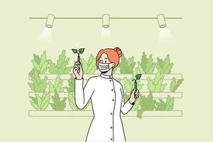 scienziato nel uniforme Lavorando con impianti nel serra. donna piantare verdure con aquaponics sistema a eco azienda agricola. vettore illustrazione.