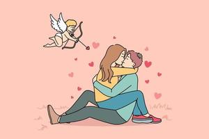 Cupido tiro con frecce nel per contento coppia baciare. donna seduta su uomo abbracciare e coccolare. amore e relazione. vettore illustrazione.