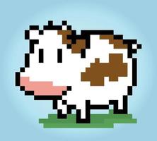 Pixel a 8 bit di mucca. animali per le risorse di gioco nelle illustrazioni vettoriali. schema punto croce mucca vettore