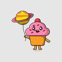 carino cartone animato Cupcake galleggiante con pianeta Palloncino vettore